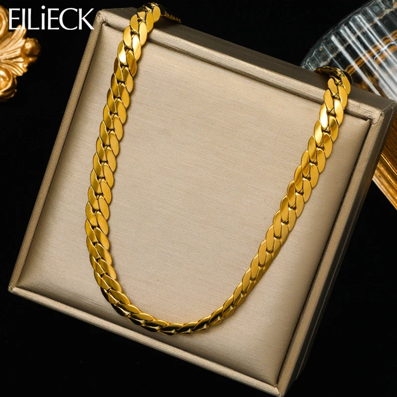 EILIECK 316L Stainless Steel Gold Color Flat Chain Necklace For Women Girl Fashion Choker Waterproof Jewelry Birthday Gift