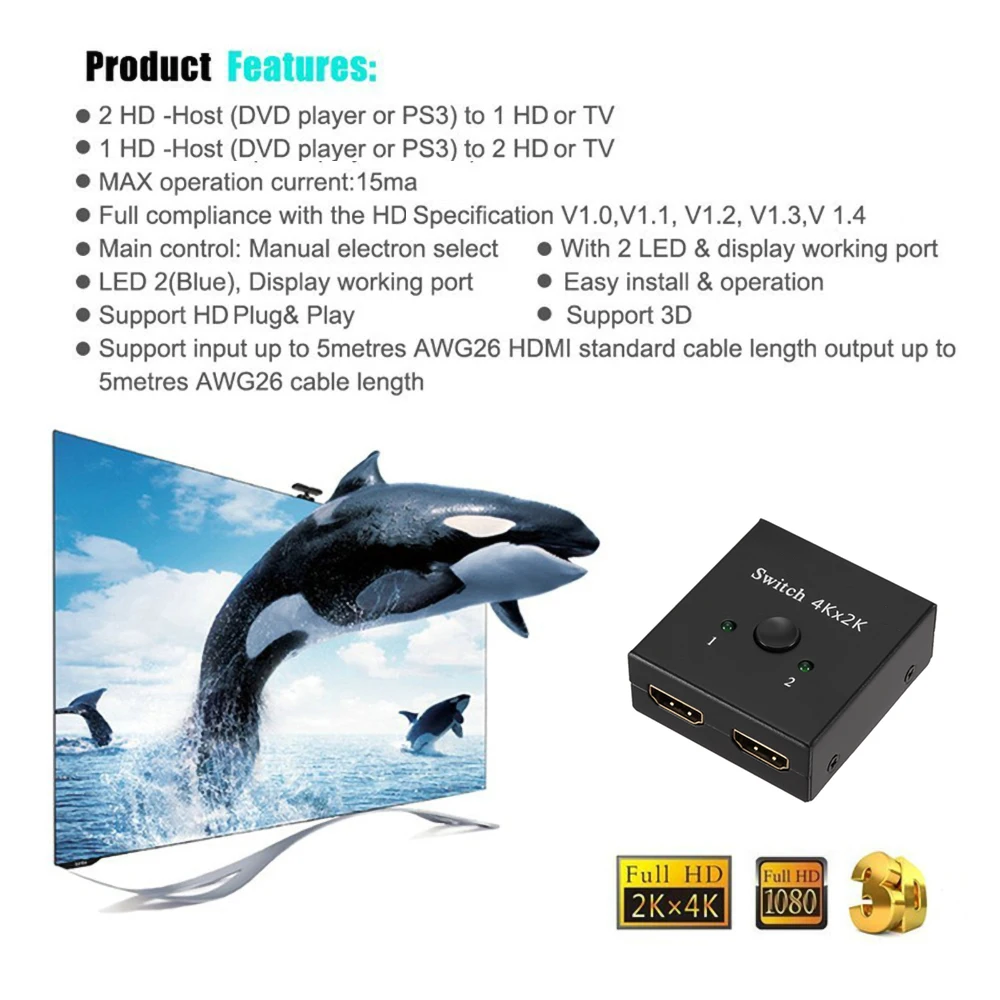 Divisor de interruptor Compatible con HDMI 4K, bidireccional, 1x2/2x1, conmutador compatible con HDMI, salida 2 en 1 para PS4/3, adaptador de conmutador de TV Box
