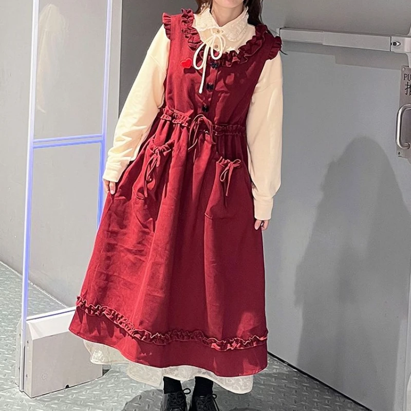 Women's Spring Autumn Vintage Sweet College Mori Girk Style Dress Loose Casual Wooden Ear Edge Red Vest Long Dresses with Shirt