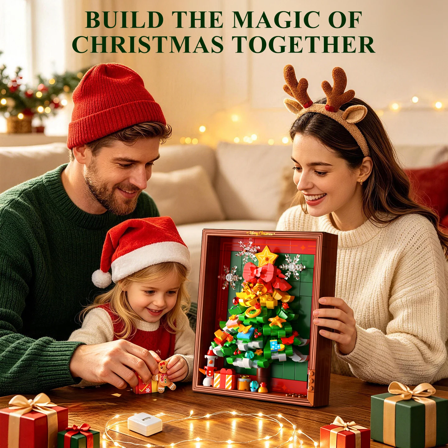 KAVOWORLD 773pcs Christmas Gift Building Blocks Xmas Tree 3D Puzzle Picture Frame Educational Toys Rotating Snowflake Gingerbread Snowman Candy Cane Accents With Warm LED String Lights DIY Assembly Brick New Year Family Party Tabletop Holiday Decoration