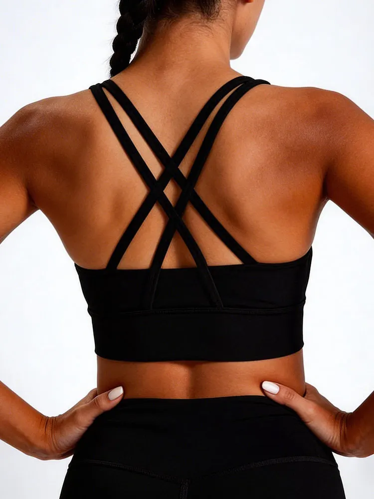 New Women's Solid Color High Intensity Support Sports Bra Cross Back Breathable Fitness Running Outdoor Yoga Top view 4