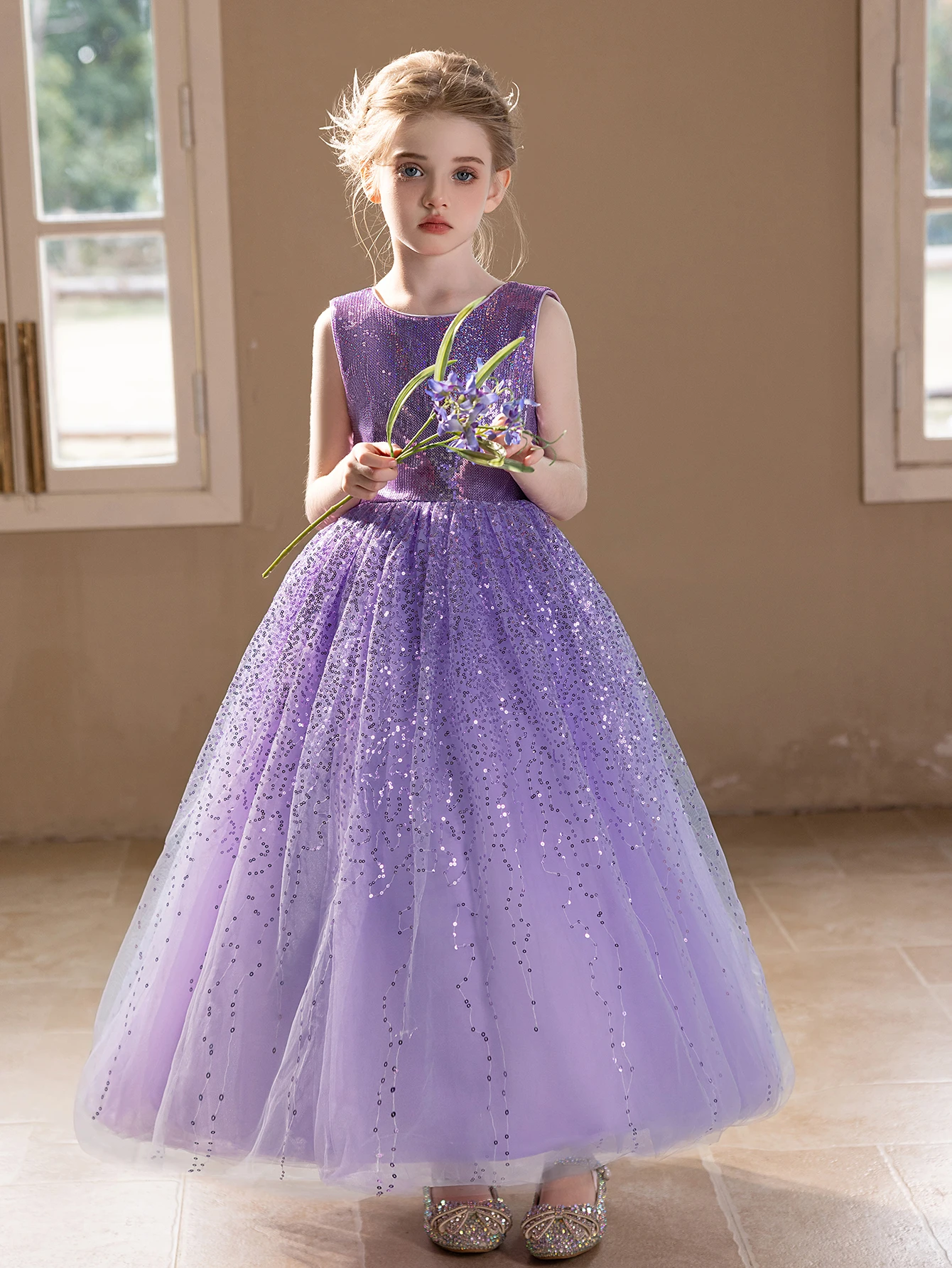 Purple Sequin Girl's High-End Dress Birthday Wedding Fluffy Veil Evening Dress Princess Dress