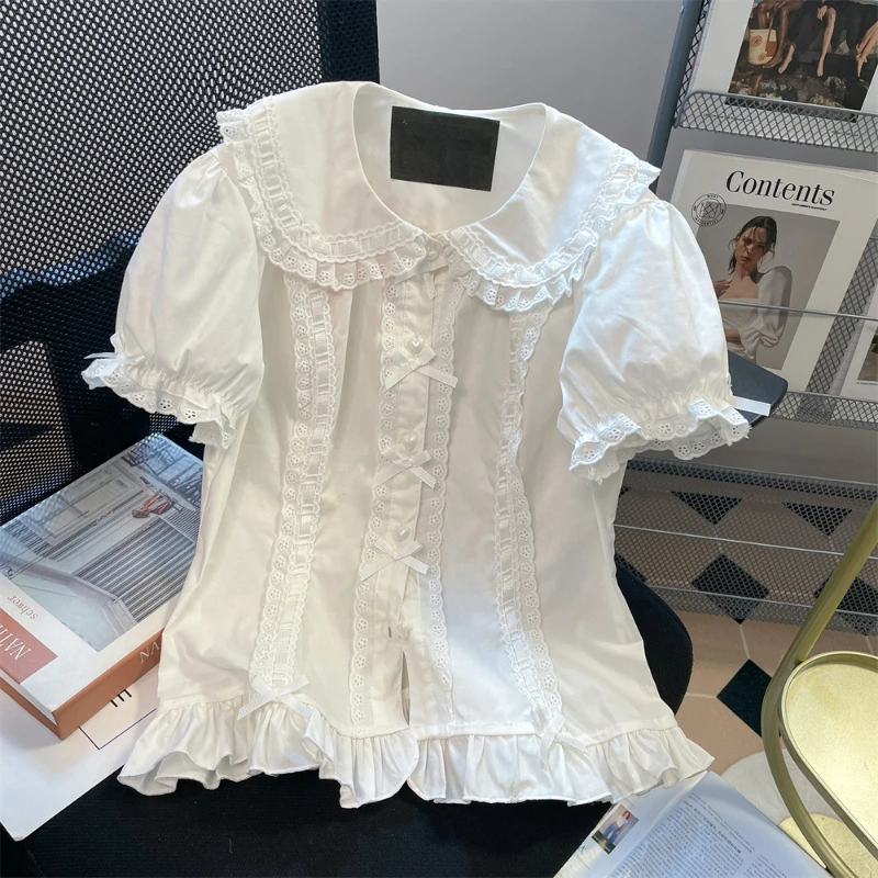 Японская Милая женская блузка в стиле "Лолита", рубашки с короткими рукавами и воротником «Питер Пэн» с оборками, универсальные эстетичные блузки Y2k