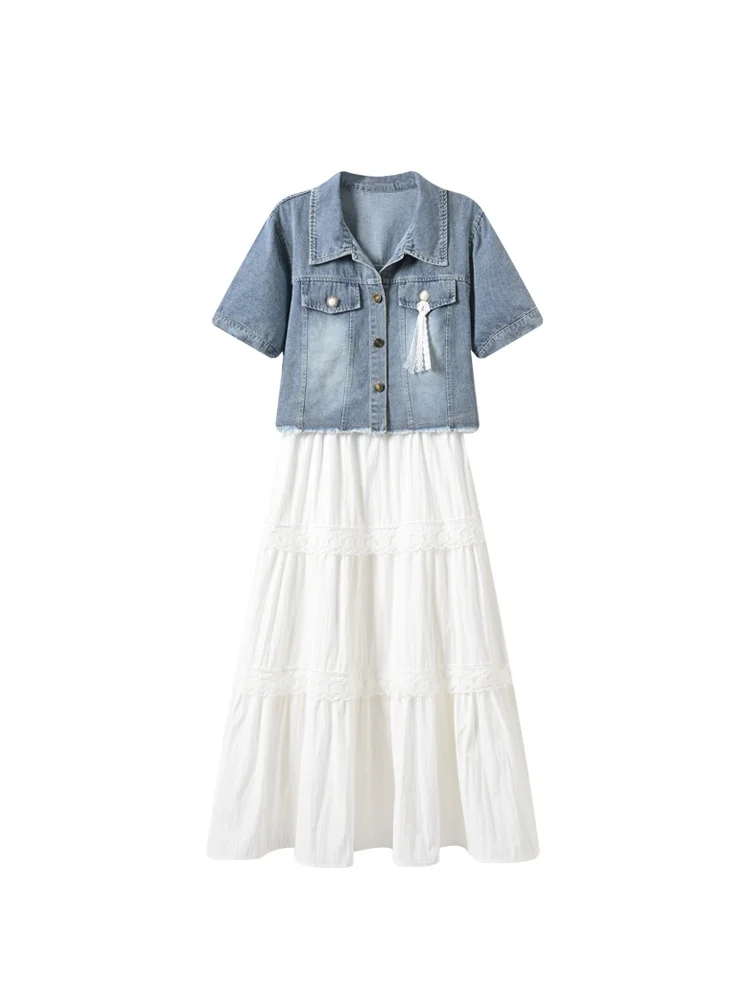 

CaraCLUB plus Size College Style Set Women Summer New Vintage Casual Denim Jacket Strap Dress Casual Wear for plus Size Girls