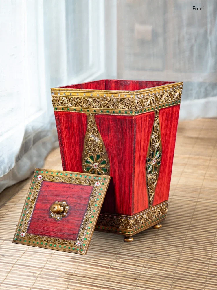 

Мусорное ведро Юго-Восточной Азии, домашнее персонализированное креативное деревянное с крышкой, мусорное ведро для проживания в семье в отеле, мусорное корзина