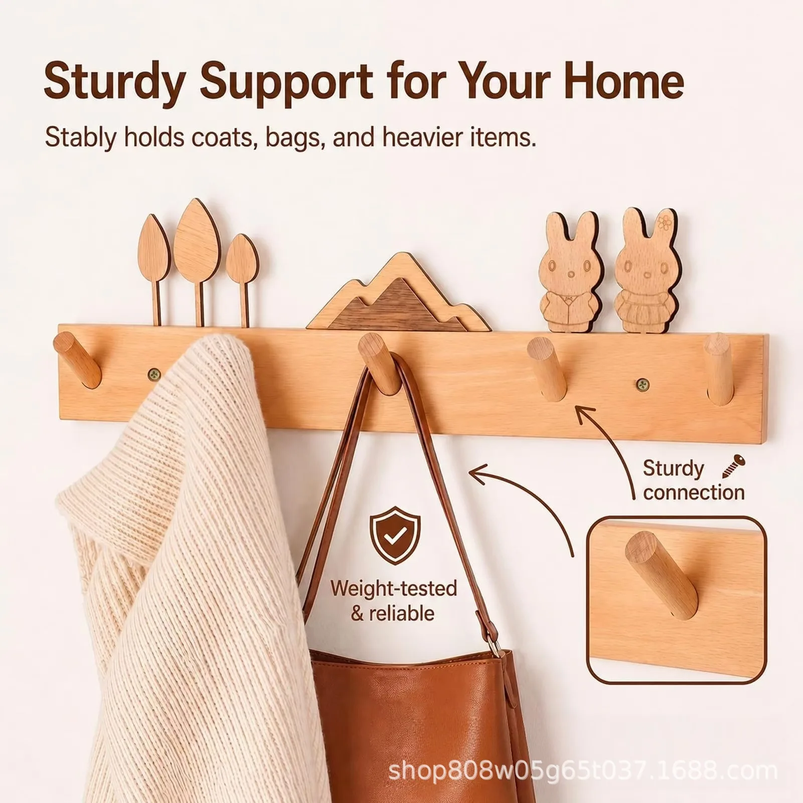 Wood Wall Mounted Key Holder Rack Entryway Storage Shelf Keys Coats Bags One-Tier Home Organizer Natural Finish Simple Decor