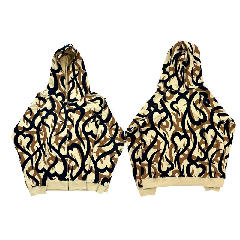 

Tribal Camo Hearts Zip up Hoodie Jaet Cotton Fabric Casual Wear Resistant to Deformation Warmth for Men And Women