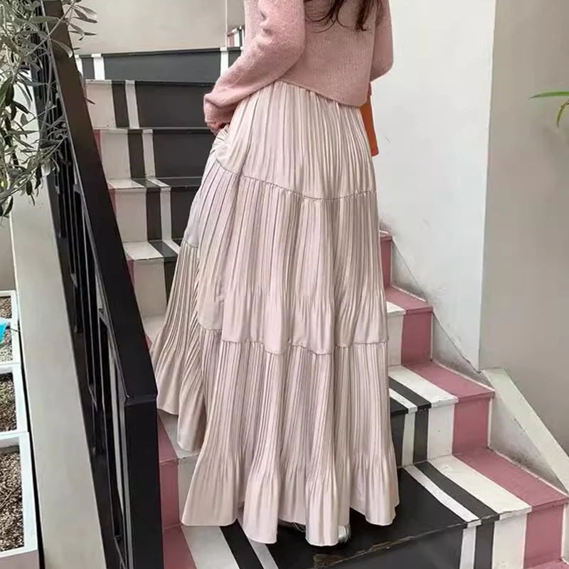 シックな春の新ハイウエストプリーツ A ラインロングスカート女性のフロック綿韓国スタイル通勤ハイウエストデザイン