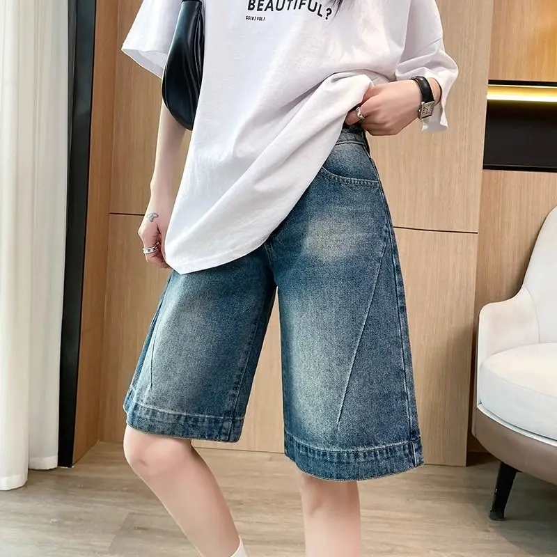 

Stitching Design Straight-leg Five-point Jeans for Women Spring and Summer New High-waisted Thin Wide-leg Shorts