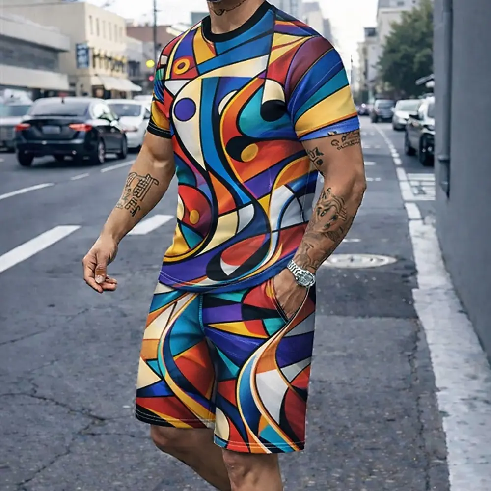 Conjuntos de 2 piezas de camisetas para hombre, tops de verano, pantalones cortos de manga corta, cuello redondo, deportivo, informal, moderno, para vacaciones al aire libre, estampado 3D