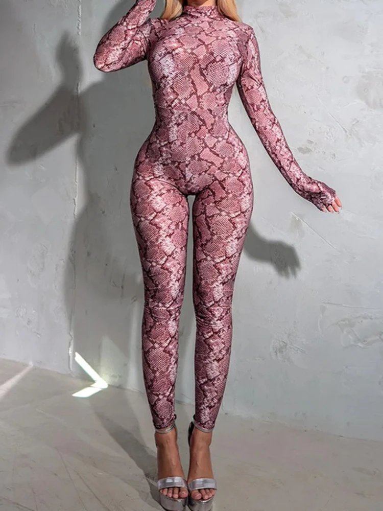 

SsTss 2026 Новый облегающий комбинезон со змеиным принтом и длинными рукавами, женский весенний модный тонкий эластичный цельный комбинезон с воротником-стойкой, Клубная одежда