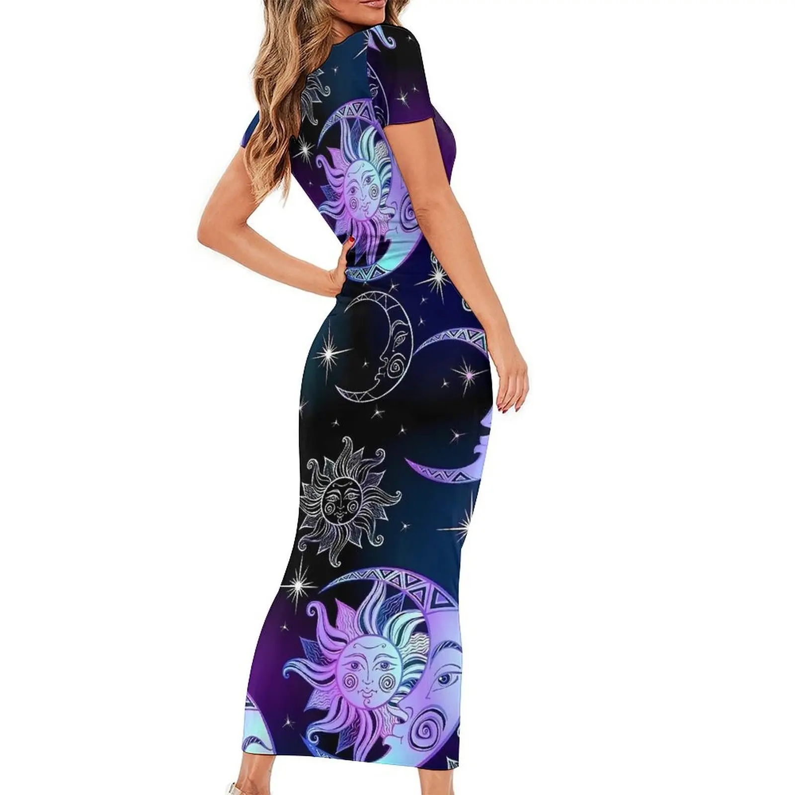 Whimsical Purple Moon And Star Cosmos Dress Short Sleeve Fashion Maxi Dresses Trendy Bodycon Dress Lady Design Oversized Vestido