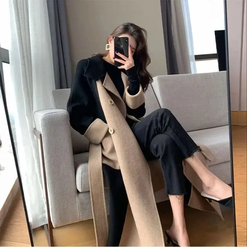 2023 Autumn/Winter Woolen Coat Women's Fashion Versatile Coat Female Temperament Slim Mid length Contrast Windbreaker Commuting