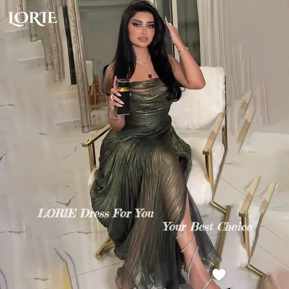 LORIE Modest Crepe Evening Dress Pleats Sider Slit Ruffle Floor Length Prom Dresses Ruched Illsion Arabia Party Gowns Customized