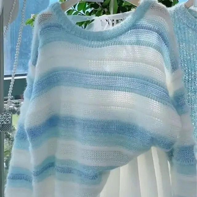 

Women's Clothing Knitwear Pullovers Pull Femme Fashion Striped Casual Sueter Mujer O-neck Bandage Loose Knitted Sweater Tops