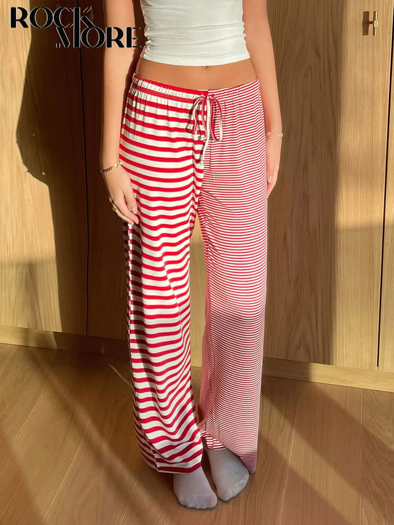 

Rockmore Women Striped Patchwork Wide Leg Pants Harajuku Drawstring Elastic Waist Loose Trousers Aesthetic Casual Streetwear Y2k