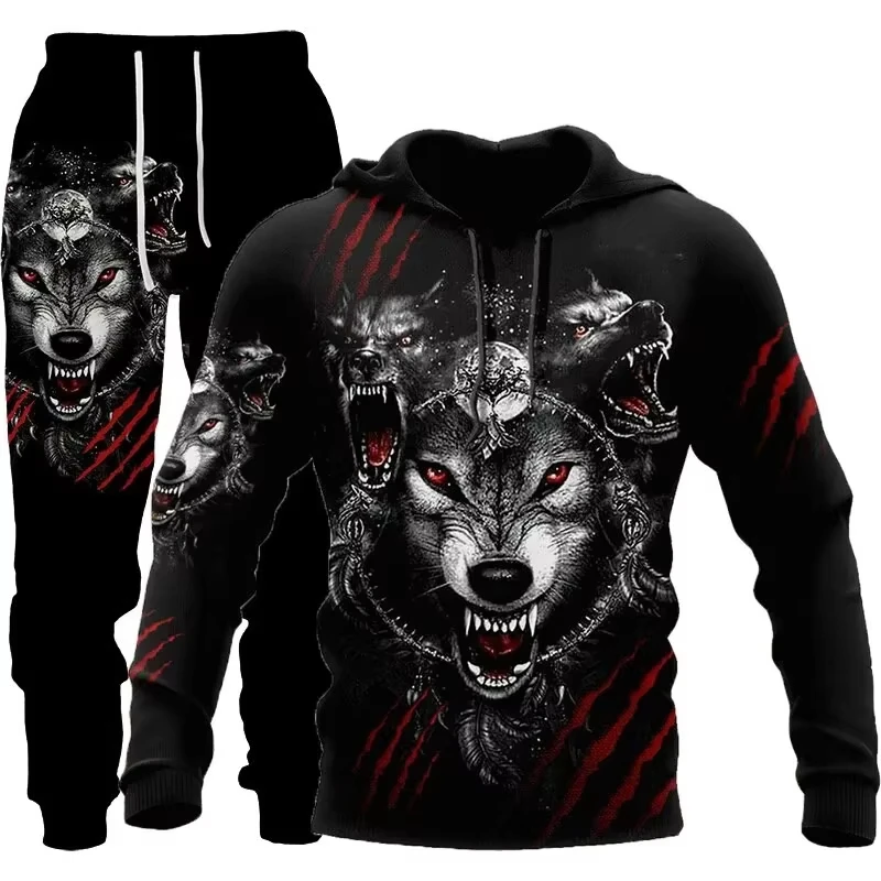 Men Hoodie Pant Sets Vintage 3d Animal Wolf Viking Print Sets Men Women Fashion Hoodie+Pant 2 Piece Suit Sports Tracksuit Outfit