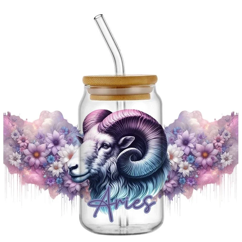 Dreamy Watercolor Floral Zodiac UV DTF Wraps Purple Flower Drip Art Waterproof Decals for 16oz Libbey Glass Can Tumbler DIY Cup