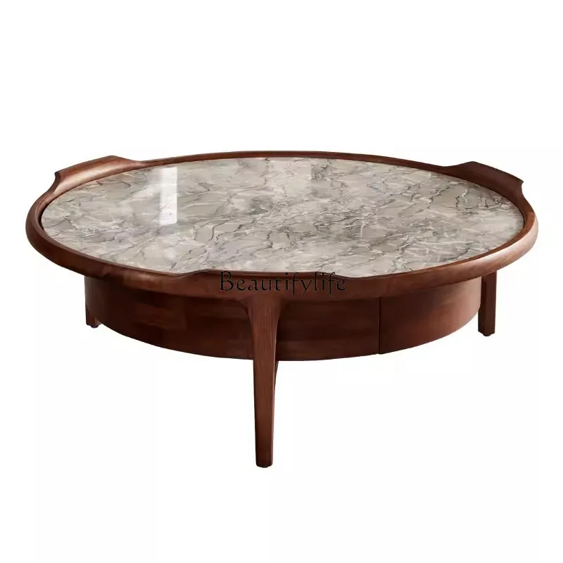 

Italian Style Light Luxury Natural Marble Tea Table Retro Style North American Black Walnut Solid Wood round Tea Table