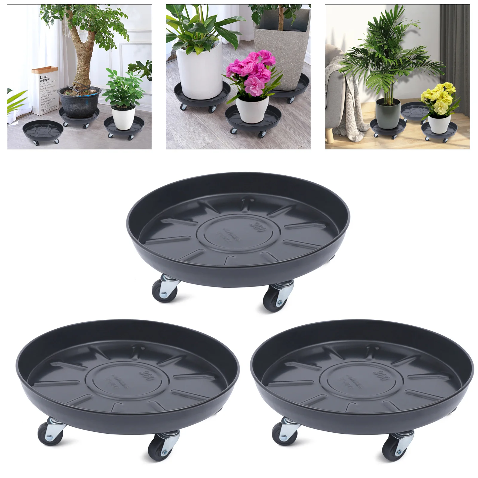 3Pcs Plant Dolly Rolling Flower Pot Holder Stand Plant Caddy with 5 Wheels Plastic Plant Pallet Flower Pot Dolly Caster Mover