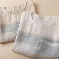 Cotton Linen Short Sleeve T-shirts Fashion Woman Blouses 2025 Summer Loose Printed Tees Female Basic O-Neck Women's Shirt