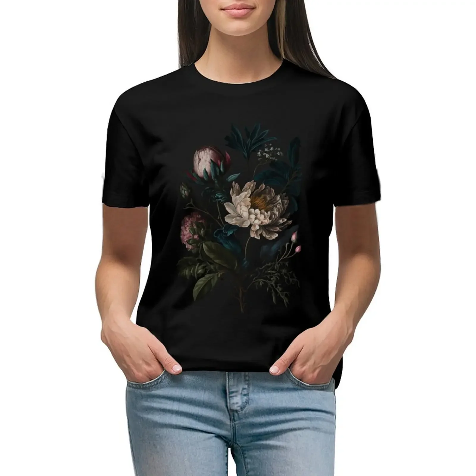 Dark Academia Peony Botanical T-Shirt Aesthetic clothing korean fashion t-shirts for Women loose fit