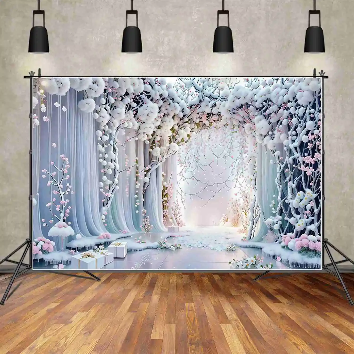 MOON.QG White Flower Blossom Drapes Photography Background Draping Fabric Curtains Chandelier Backdrop Girl Birthday Decorations