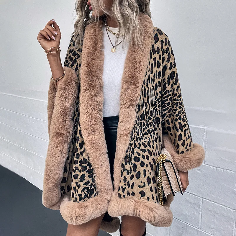 4 Colors Thick Cardigan Overcoat Winter Women Long Faux Fur Collar Leopard Dot Poncho Cape Loose Shawl Cloak Knitted Streetwear