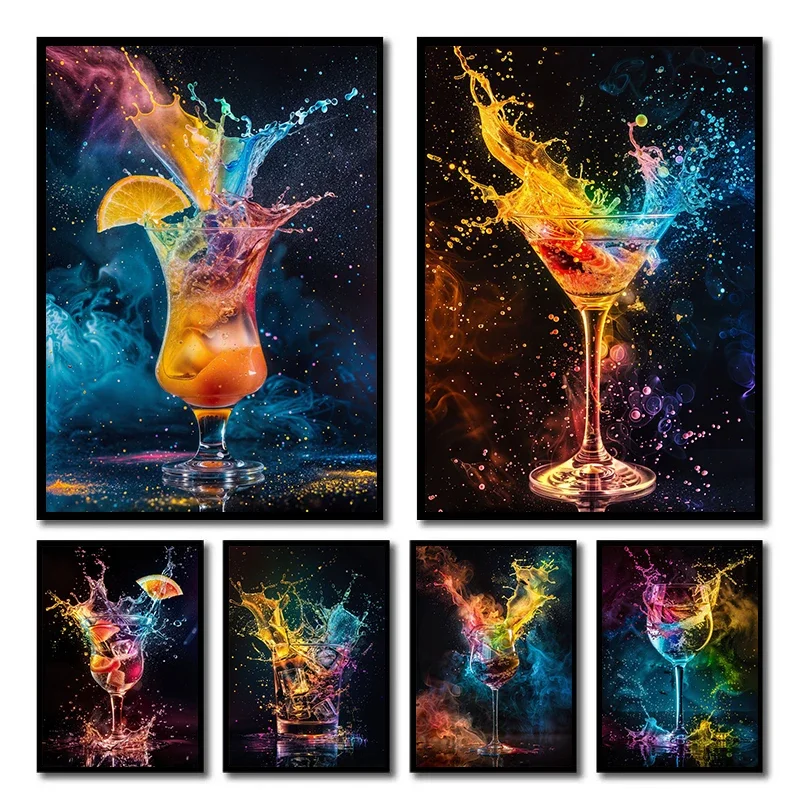 Glass Whiskey Wine Cocktail Drink Explosion Colors Splash Poster Print Canvas Painting Wall Art Picture Kitchen Bar Club Deco
