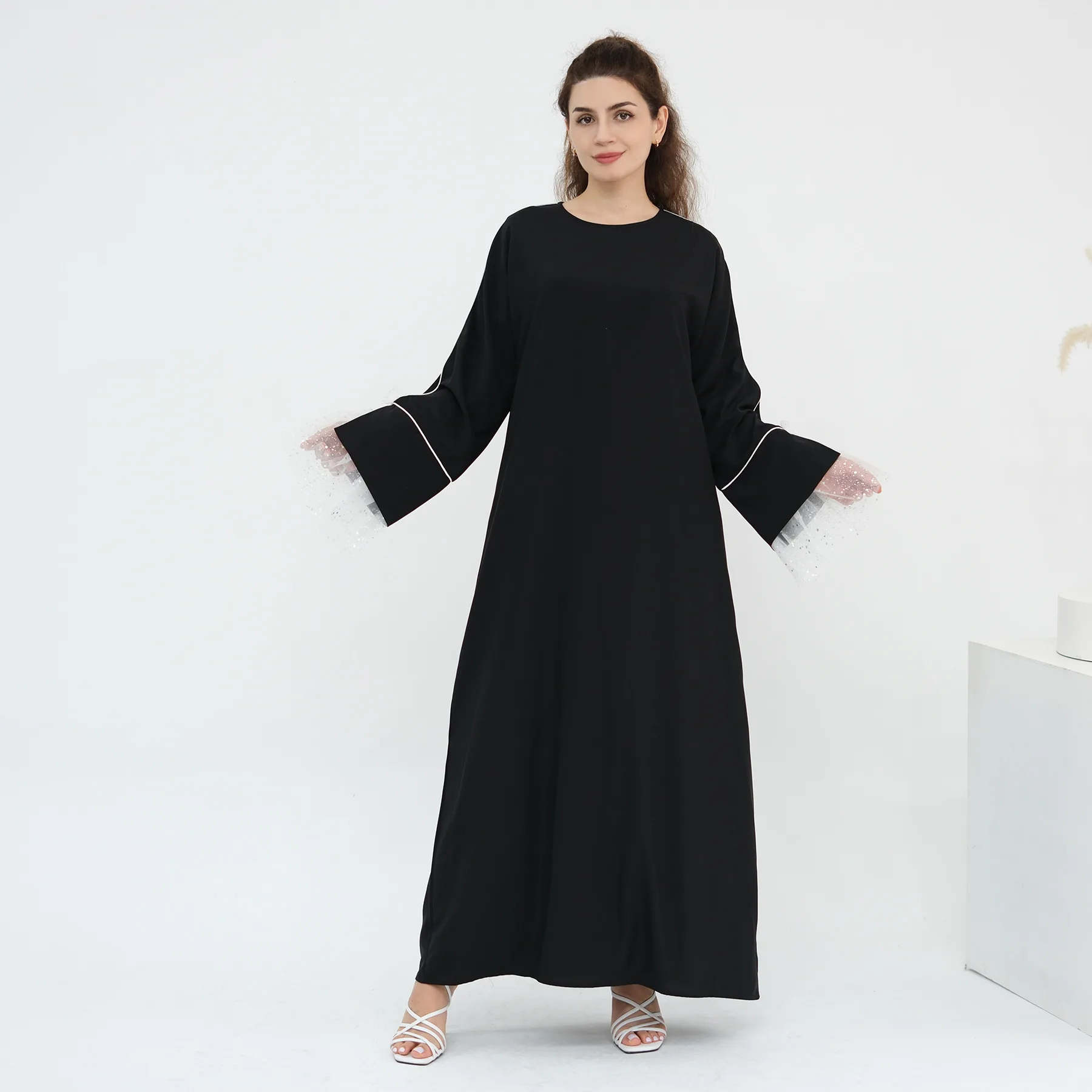 Eid negro de lujo musulmán Abaya abierta encaje Patchwork volantes manga vestido Casual Kaftan bata Ramadán Dubai Abayas turcas para mujeres
