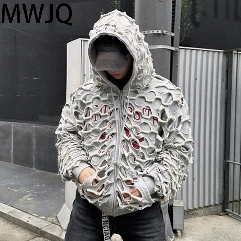 MWJQ Hollow Design Hooded Male Sweatshirt  High Street Long Sleeve Niche Gray Double-faced Men's Tops 2025 Spring New 010040