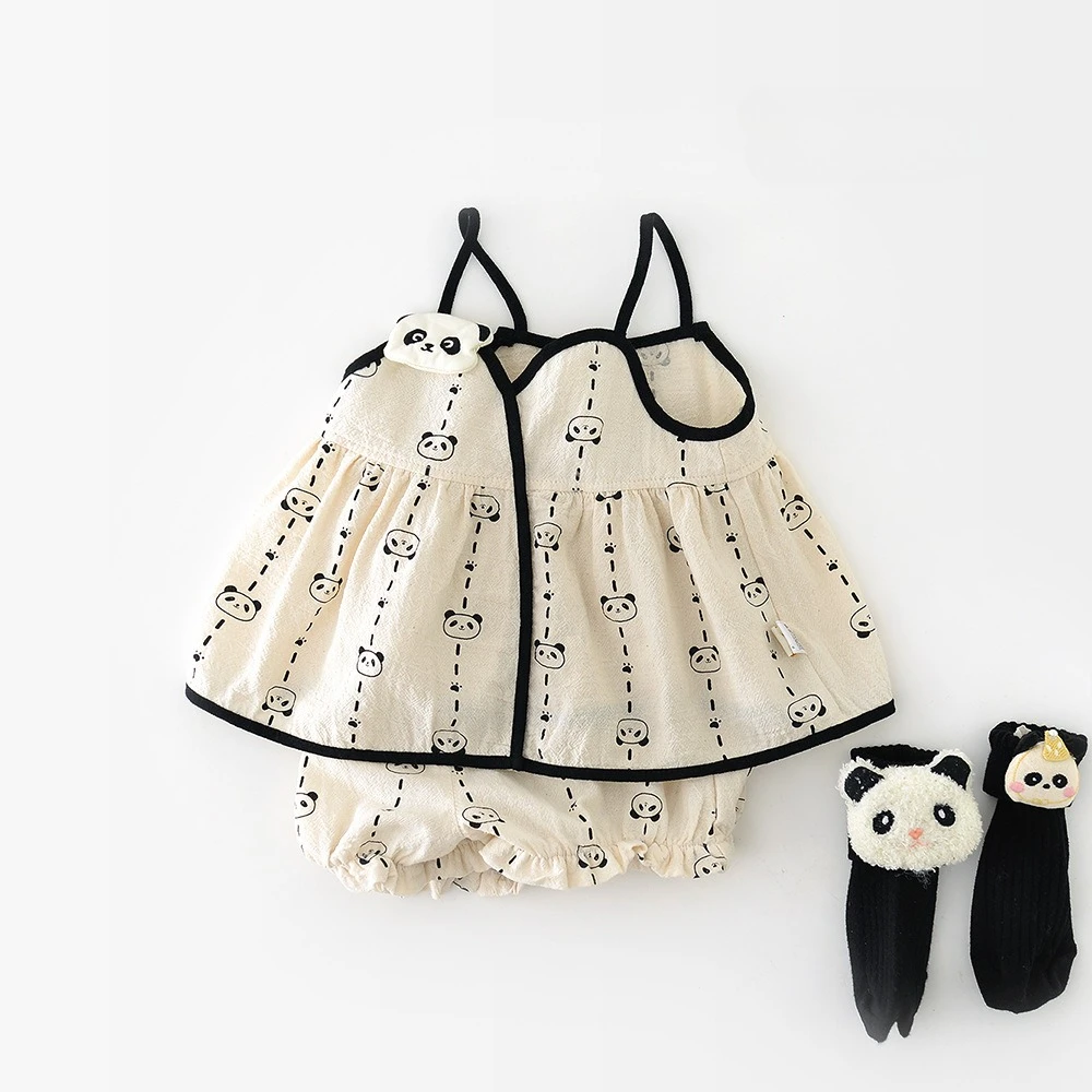 2025 Summer Baby Clothes Panda Printed Set 0-3Y Girls Sling Blouses + Shorts Toddler Kids 2Pcs Suit with Panda Doll