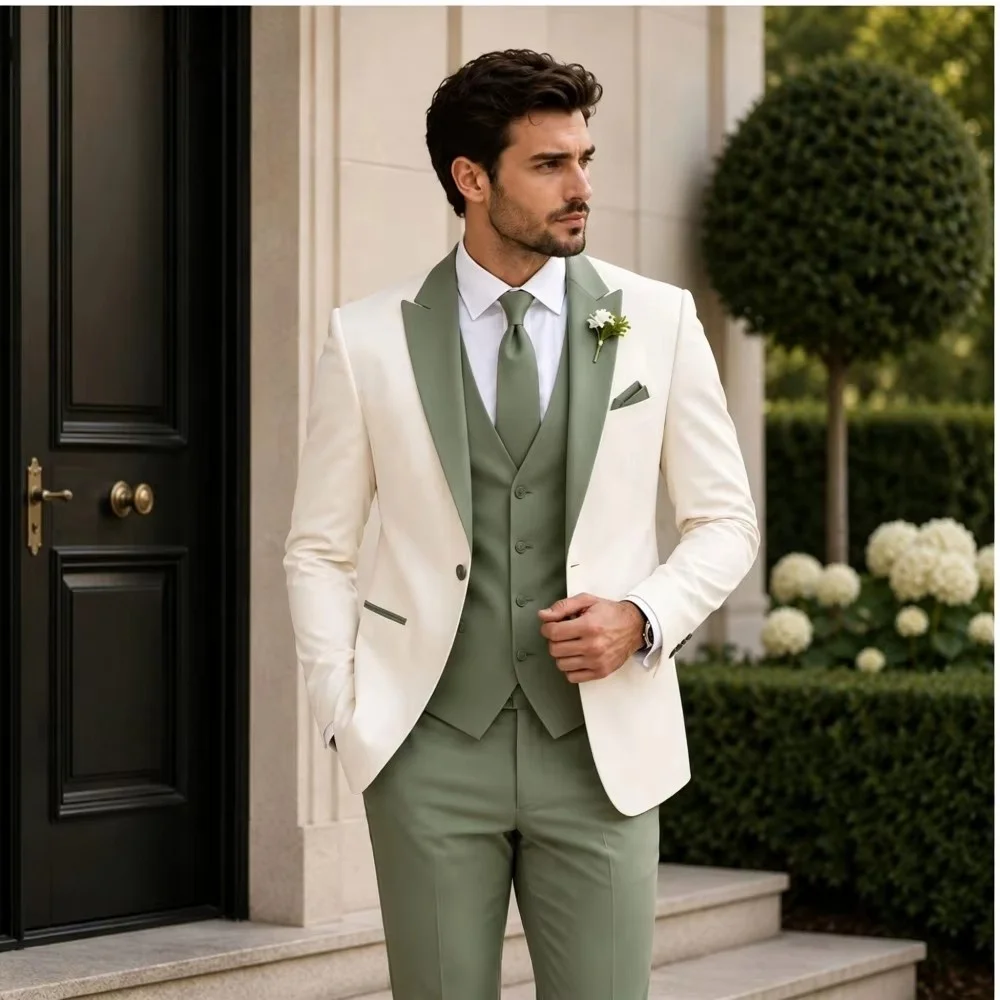 Fashion White Sage Light Green Men Suit Set 3PCS For Wedding Formal Business Groom Best Man Outfit Office Customized Men's Suit
