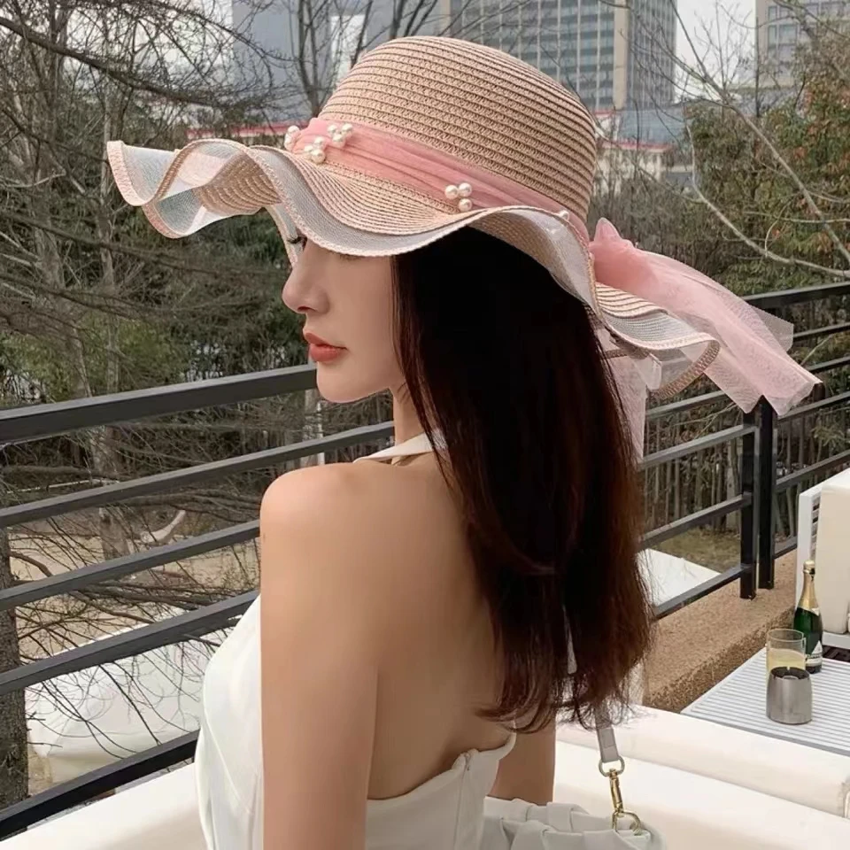 New Korean Style Woman Straw Gauze Joint Bow Ribbon Large Brim Sunshade Ins Celebrity Outing Fashion Beach Holiday Glacier Hat