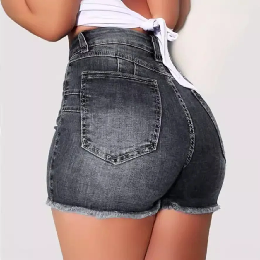 Popular European and American Elastic Slim Fit Ripped Fringed Denim Shorts for Women