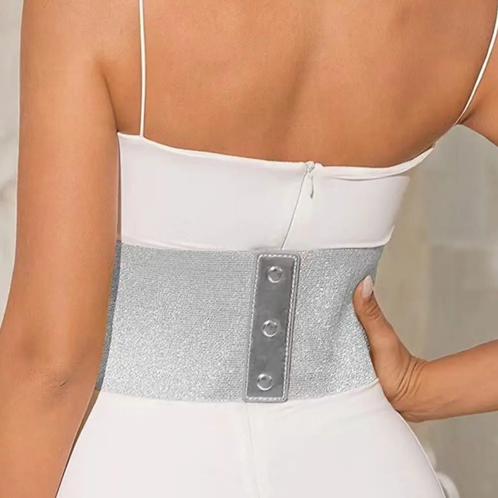 حزام خصر كلاسيكي متعدد الاستخدامات، حزام عريض برباط ذهبي وفضي، حزام مشد بتصميم مرن من جلد البولي يوريثان للنساء