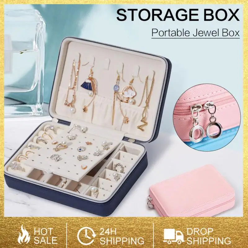 Leather Jewelry Box Travel Portable Beaded Fleece Earrings Gift Dispalyed Case Box Jewelry Protect Storage Carrying Round Box