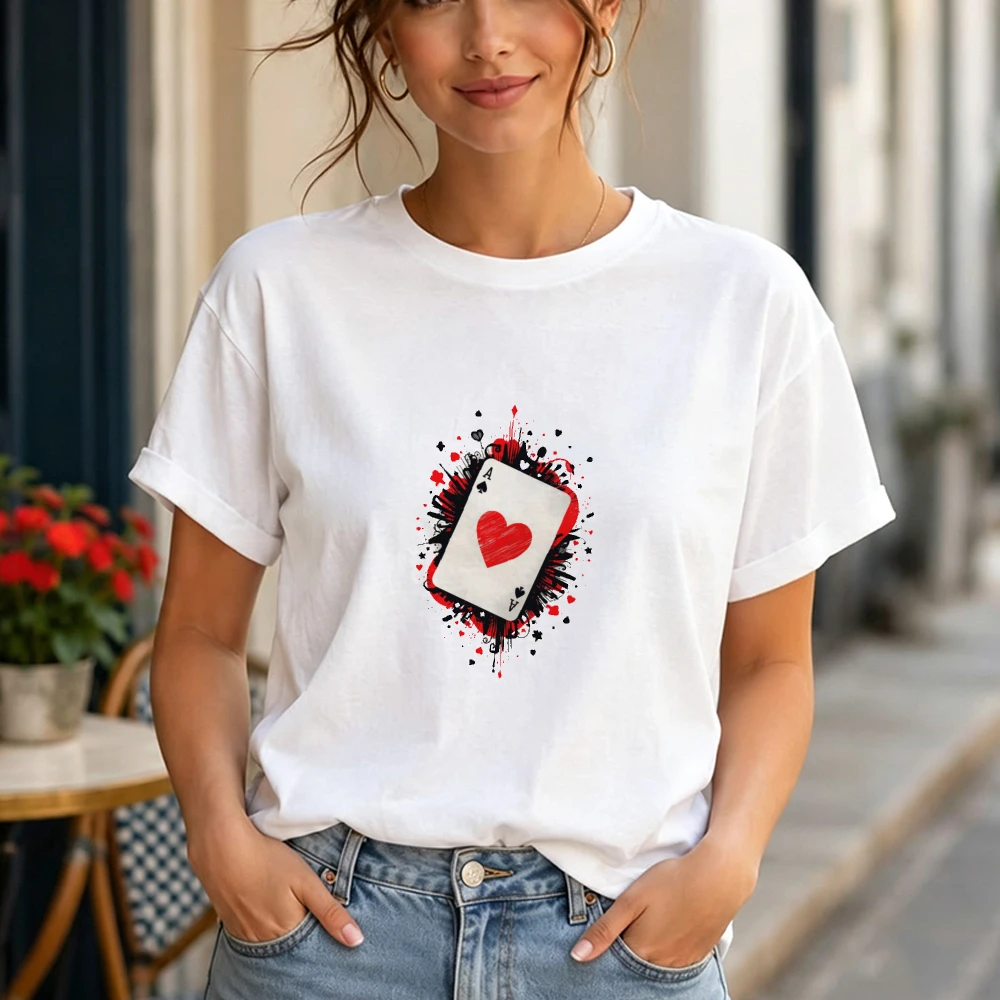 Ace of Hearts Splatter Graphic T Shirt Women Poker Card Art Print Tee Casino Gambling Style Top Trendy Urban Clothes