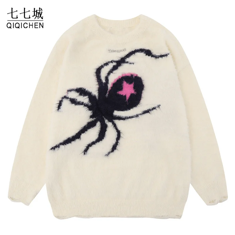 

High Street Y2K Sweater Men Plush Spider Printed Round Neck Knitted Pullover Fashion Casual Loose Jumpers Fall Unisex Streetwear
