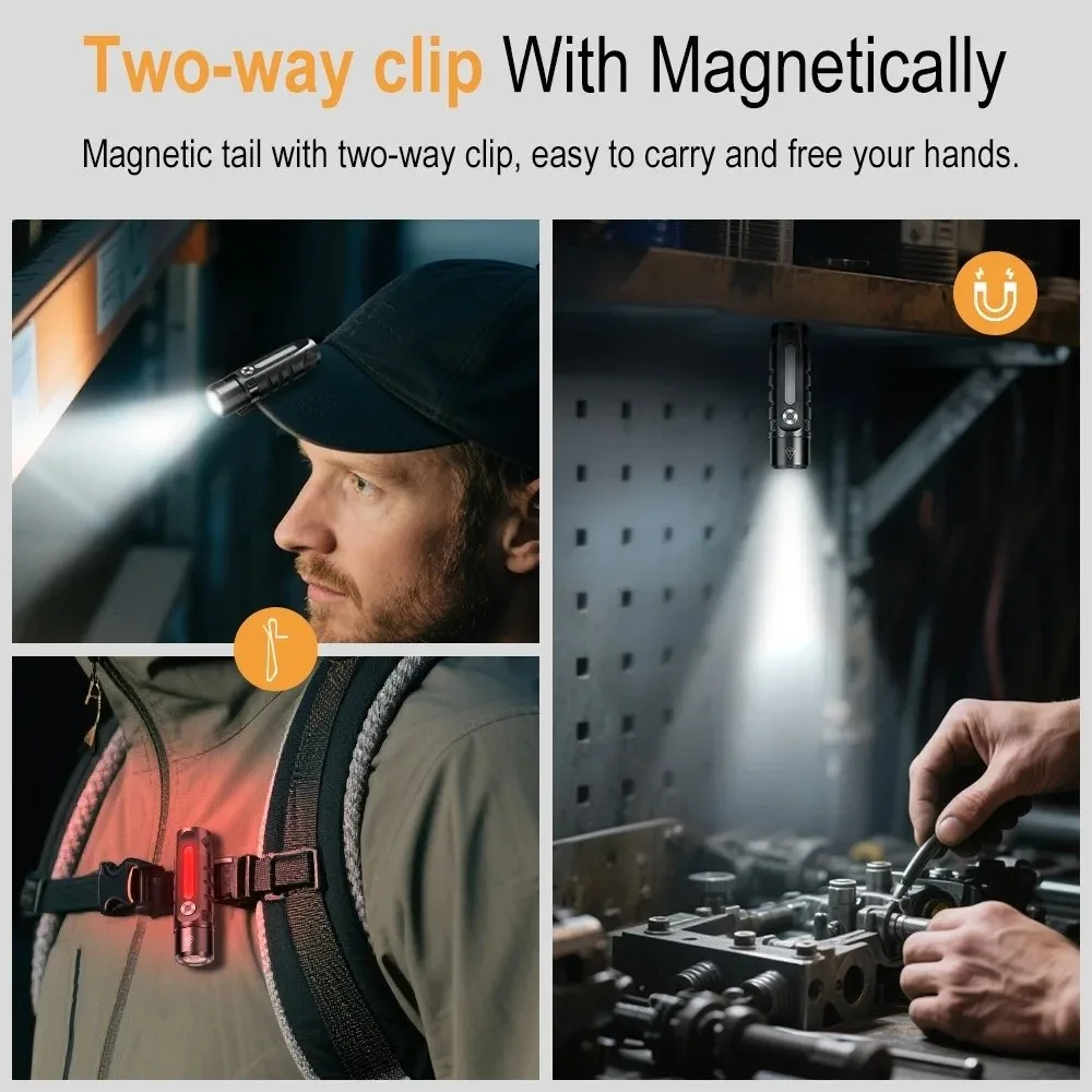 Aluminum Alloy EDC Mini Keychain Flashlight Multi-light Source with Clip & Tail Magnet Type-C Charging Work Light