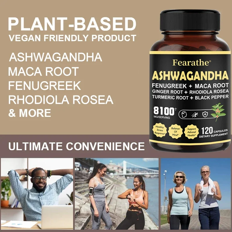 Ashwagandha Herbal Supplement 8100 Mg, 120 Capsules - Vegetarian, Non-GMO, Gluten-Free, Black Pepper, Natural Plant Complex