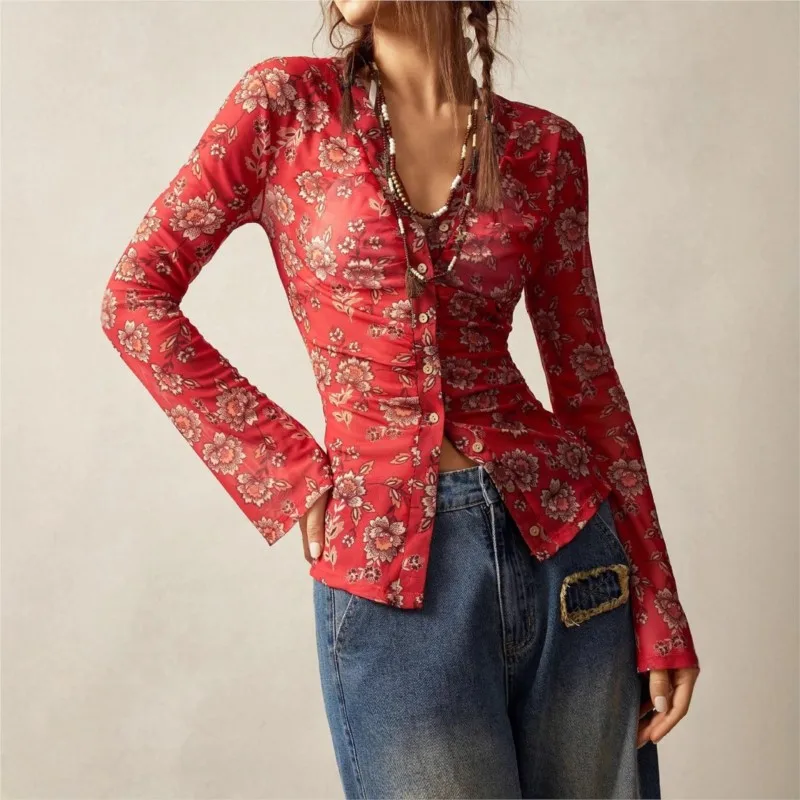 

Женские рубашки и блузки с длинными рукавами с цветочным принтом, элегантная блузка на пуговицах с v-образным вырезом, осенние топы в богемном стиле, пляжные праздничные топы