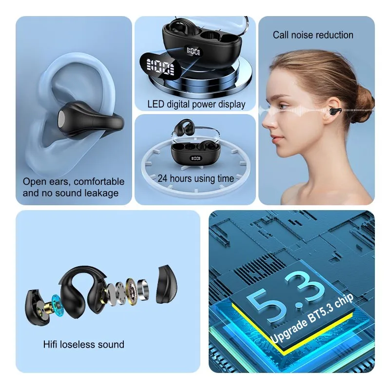 Wireless Bluetooth 5.3 Digital Ear Clip No In Ear Bluetooth Bilateral Stereo Leisure Sports Esports Ultra Long Range Earphones