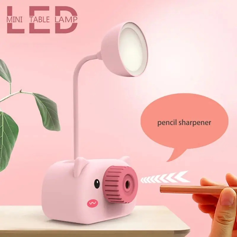 Simpatico cartone animato LED luce di lettura portapenne temperamatite protezione degli occhi luce notturna per studente studio ufficio Mini lampada da tavolo