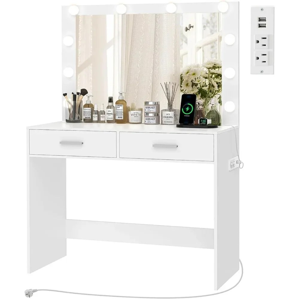 Vanity Desk with Large Lighted Mirror, Makeup Vanity with 10 Lights, 2 Drawers & Power Strip, Vanity Desk Set