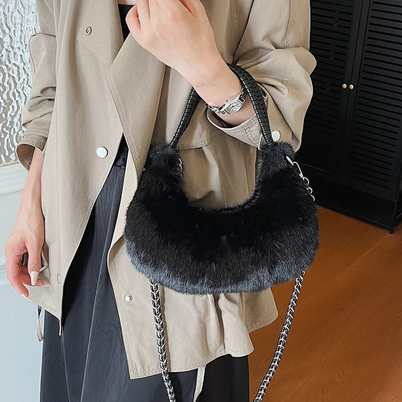 Halbmond-Design Lammwoll-Handtasche Clutch für Damen 2026 Winter Weiche Flauschige Handtasche Halbkreis-Plüsch-Umhängetasche Bolsa – Detail 6