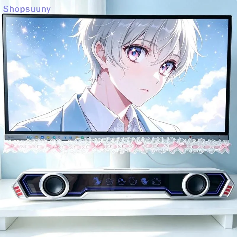 [SU]Computer Monitor Decor Strip Stickers Black Bow Lace Wings Design Desk Screen Decor Gaming Room Display Screen Ornaments[SU]