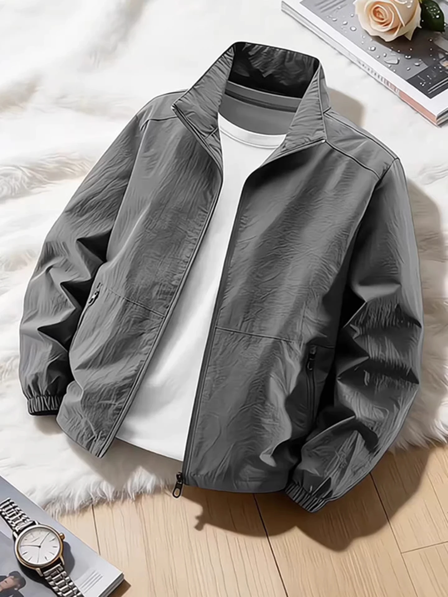 Gray Three-Proof Administrative Jacket Men's Spring Thin American Outdoor Fleece Casual Sports Leisure Coat Shoulder Stand Co...