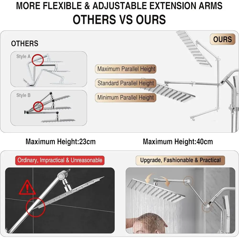 12-chroom douchesysteem met regen- en handbediende, krachtige wasmodus, 16 uitschuifbare armen