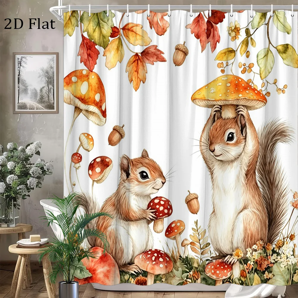 Waterproof Shower Curtain Bath Liner Autumn Forest Woodland Mushroom Squirrel Nature Print Decor Curtain for Bathroom Fall Seaso